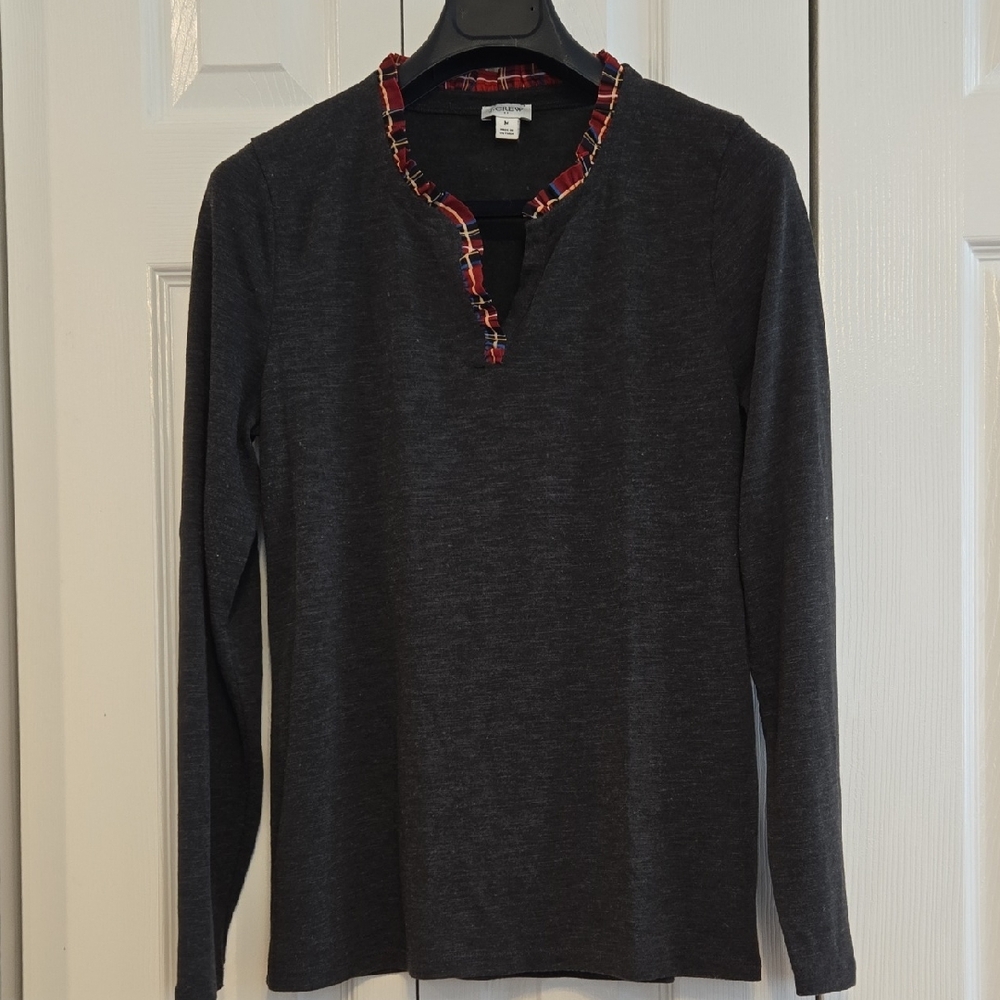 J. Crew Dark Gray Long Sleeve Top with Plaid Trim
